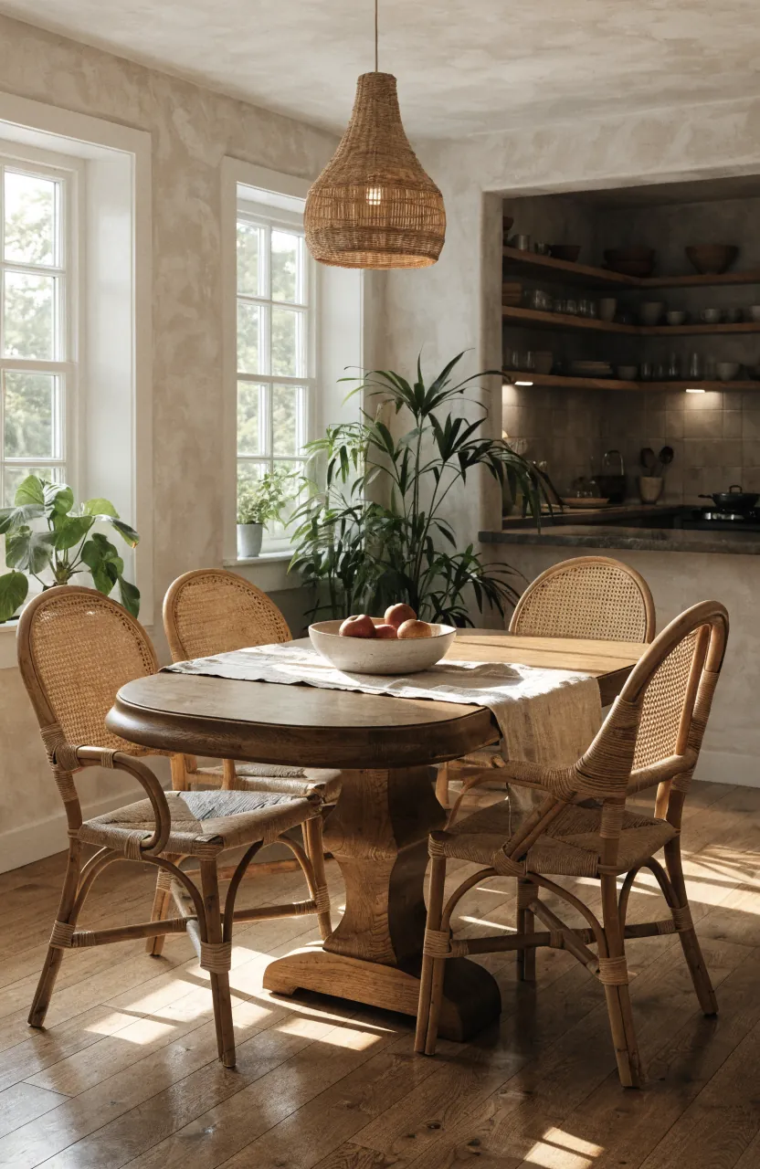 Casual dining room with a warm wood table, woven chairs, plants, and soft natural light
