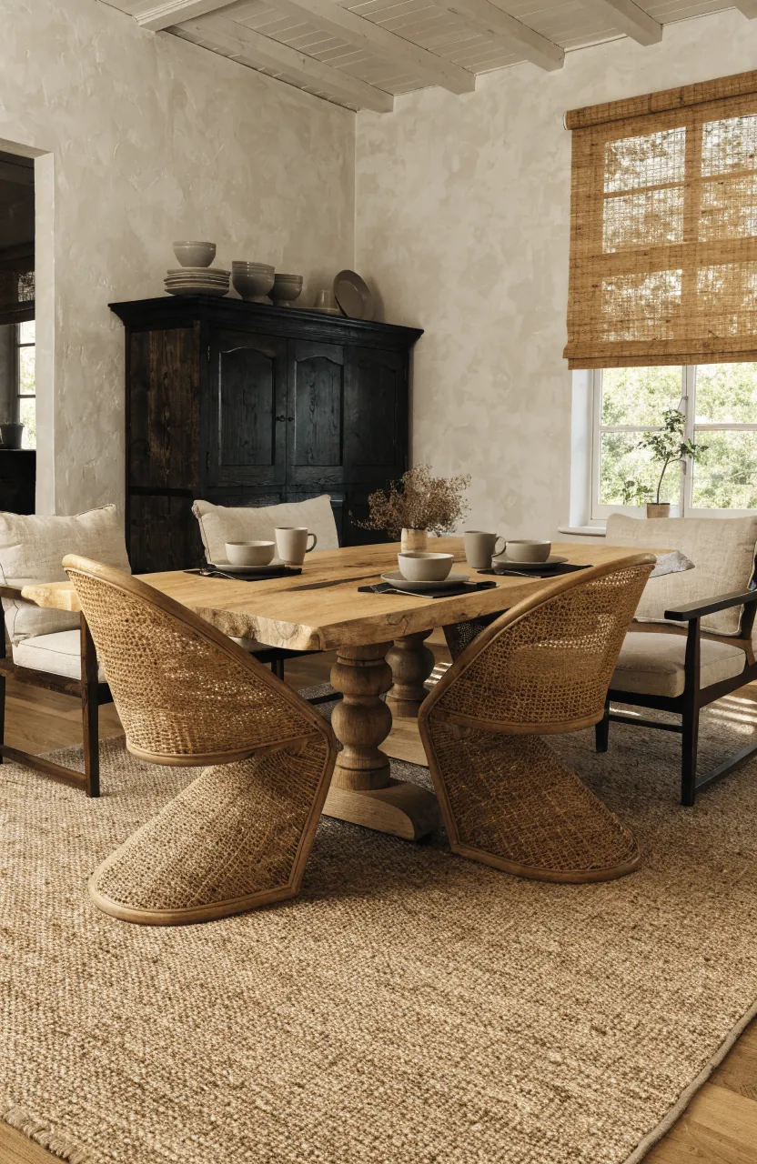 Dining room with mixed woven and upholstered chairs around a natural wood table