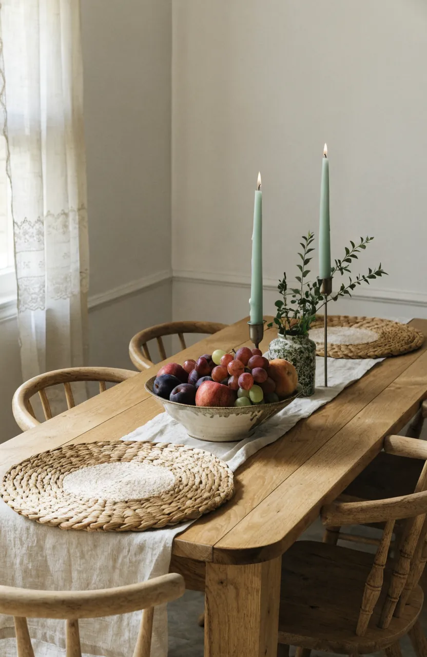 Everyday dining table styling with a linen runner, ceramic bowl, and simple greenery