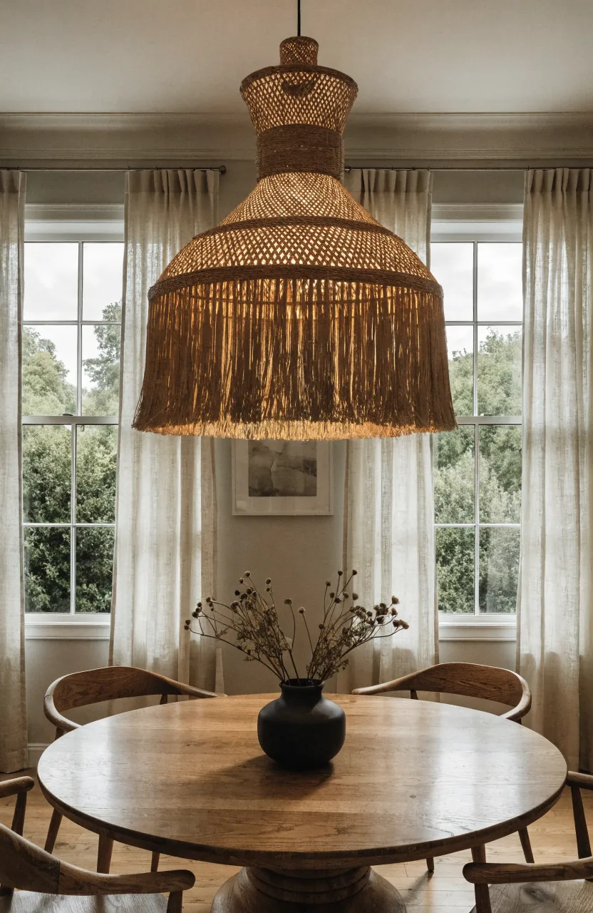 Casual dining room with a woven pendant light centered over a wood table