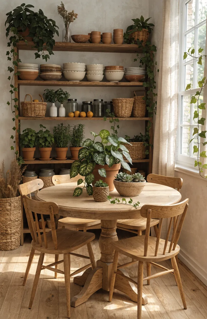 Dining room with kitchen plants, open shelving, woven baskets, and natural decor