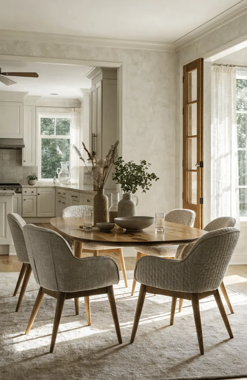 Open kitchen dining area with a practical neutral rug under a casual wood table