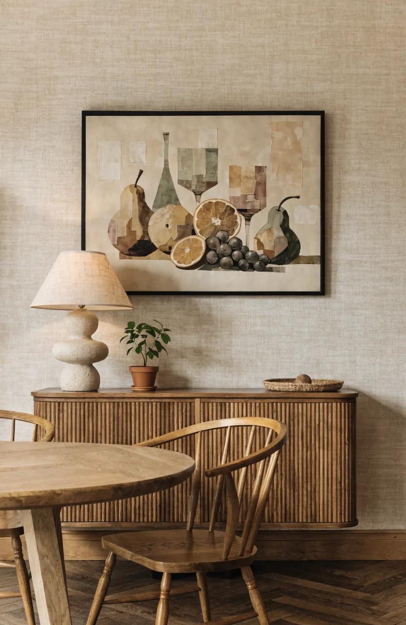 Relaxed dining room wall styling with framed art, a slim sideboard, and natural textures