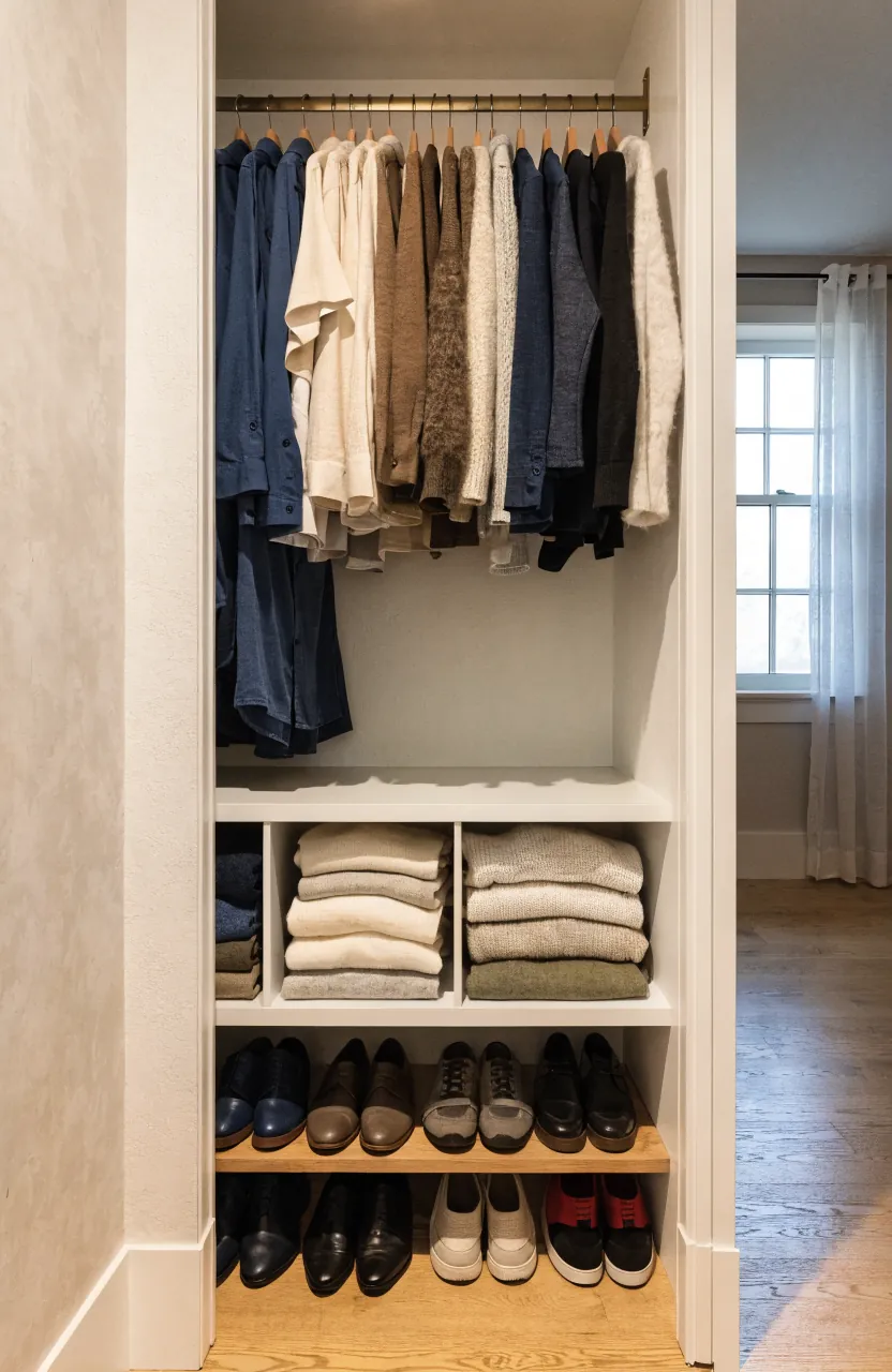 Small closet with slim matching hangers shelves folded clothes and shoe storage