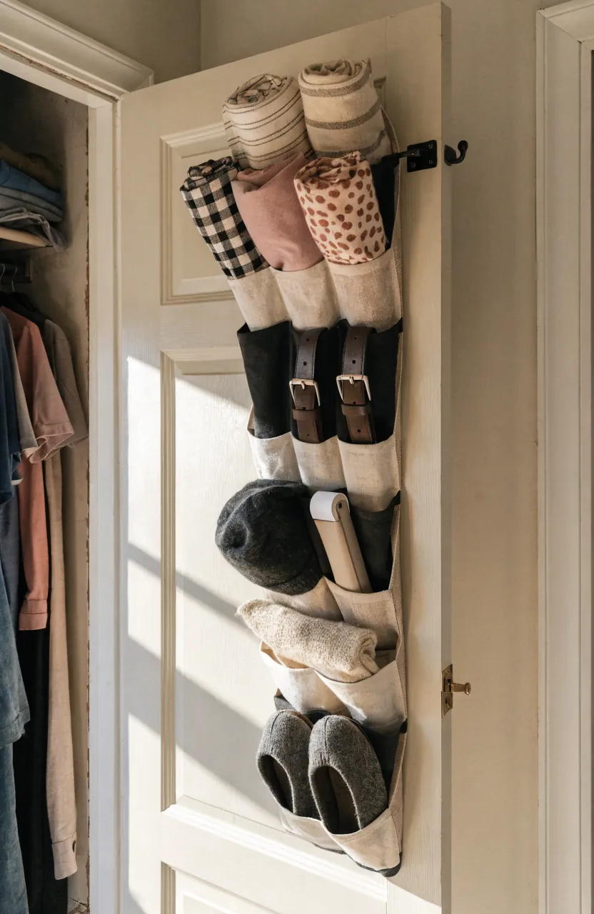 Closet door organizer holding scarves belts and accessories in neat shallow pockets