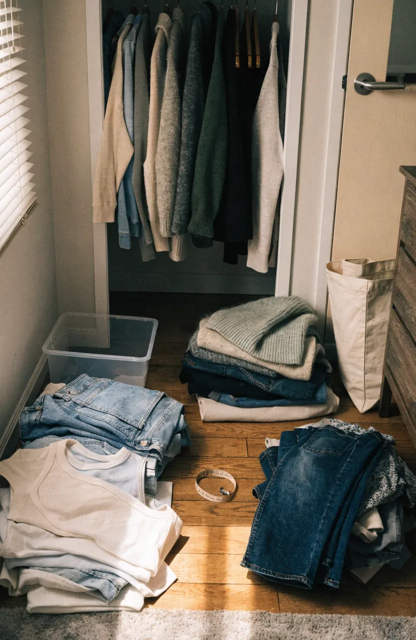 Tiny closet clothes edit with keep donate and seasonal piles on a bedroom floor