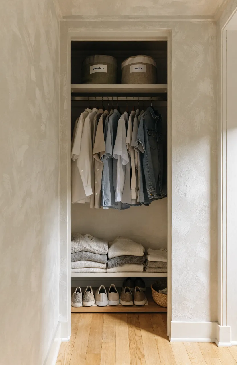 Organized tiny closet with matching hangers shelves and labeled storage bins