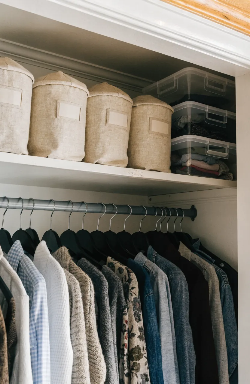 Top shelf closet storage bins with simple labels for seasonal clothes and accessories