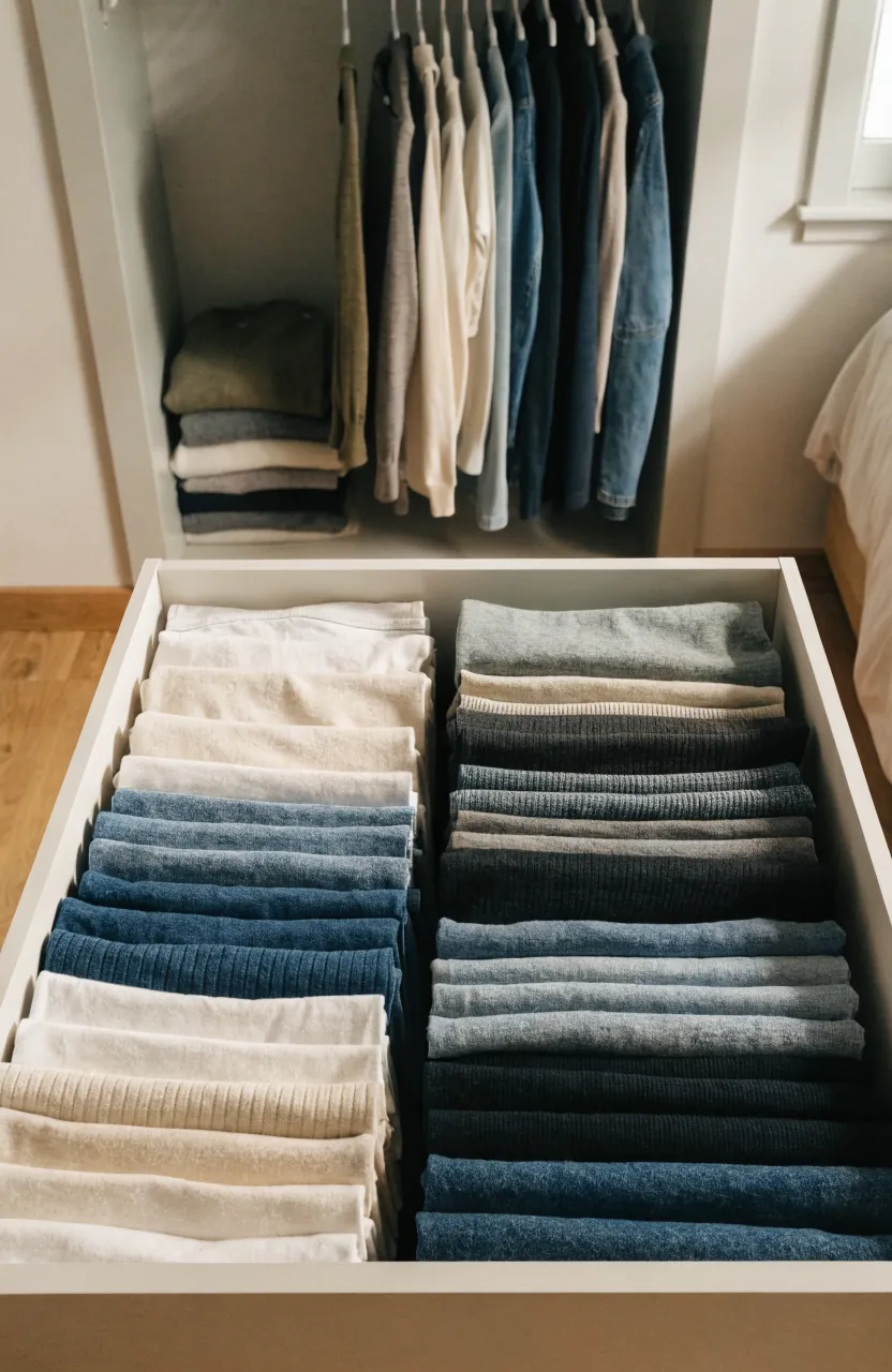 File folded clothes in shallow drawers beside a small organized bedroom closet