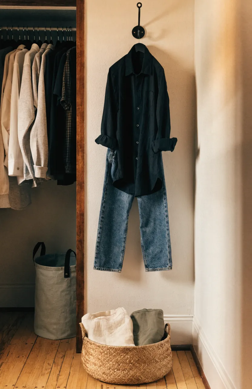 Small closet weekly reset basket and single outfit hook in a tidy bedroom