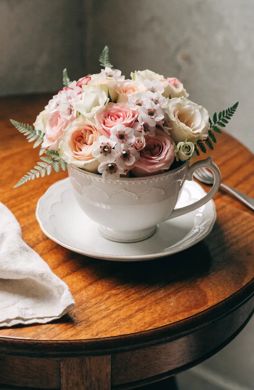Low floral tea cup centerpiece that keeps sightlines open on a small table