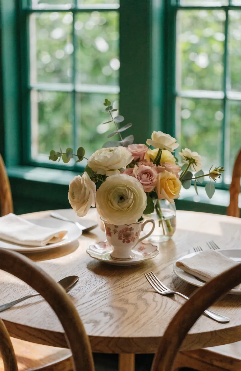 Tea cup centerpiece with flowers on a small round dining table