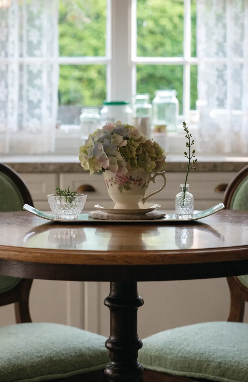 Tea cup centerpiece grouped on a small tray for easy table clearing