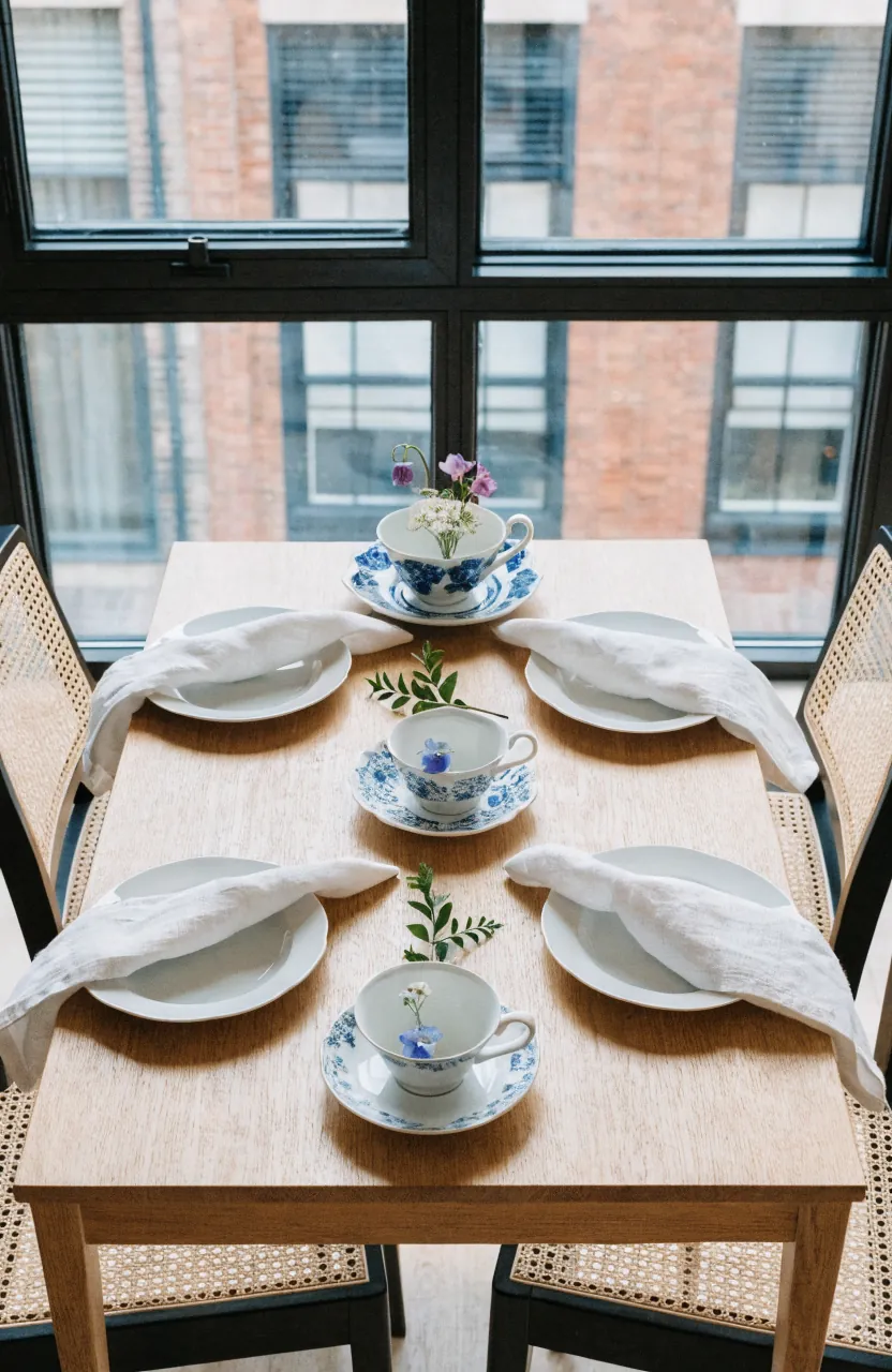 Three small teacup arrangements forming a narrow centerpiece runner