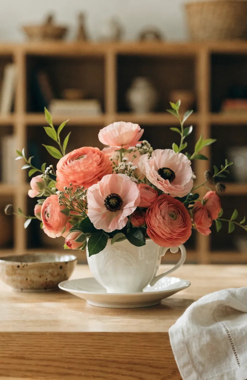 Seasonal tea cup centerpiece with flowers and small natural accents
