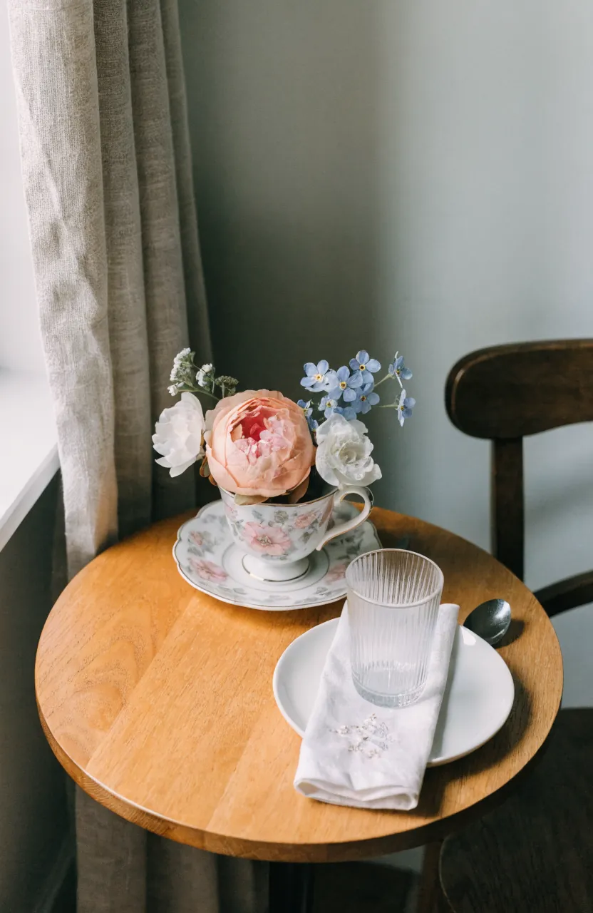 Single floral teacup centerpiece beside a pretty place setting