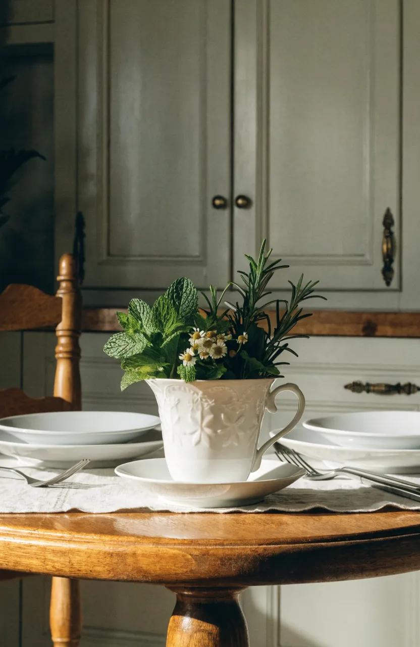 Tea cup centerpiece with fresh herbs for casual small table decor