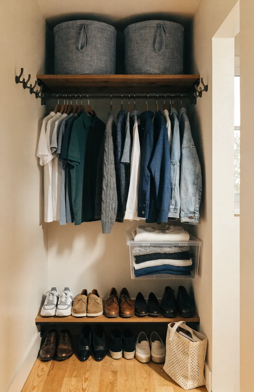 Small closet organized for seasonal clothes storage with bins shelves and current wardrobe