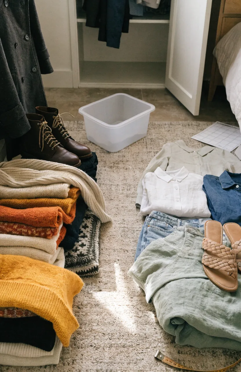 Seasonal wardrobe edit with summer and winter clothes sorted beside a small closet