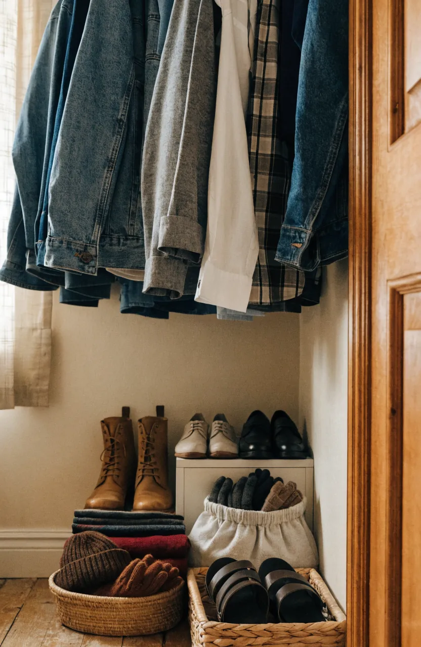 Seasonal accessories and shoes stored in small bins beside a compact closet