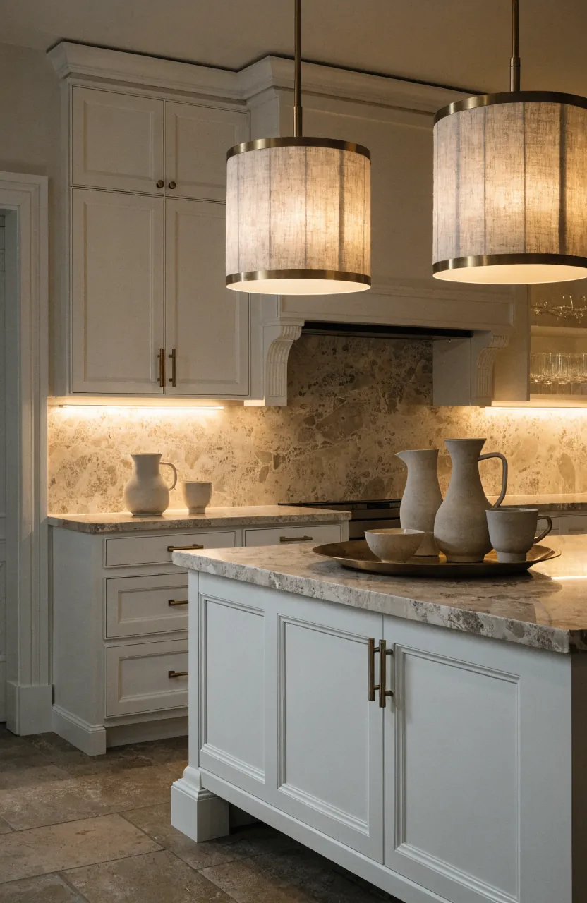 White kitchen with warm lighting, brass hardware, and soft under-cabinet glow