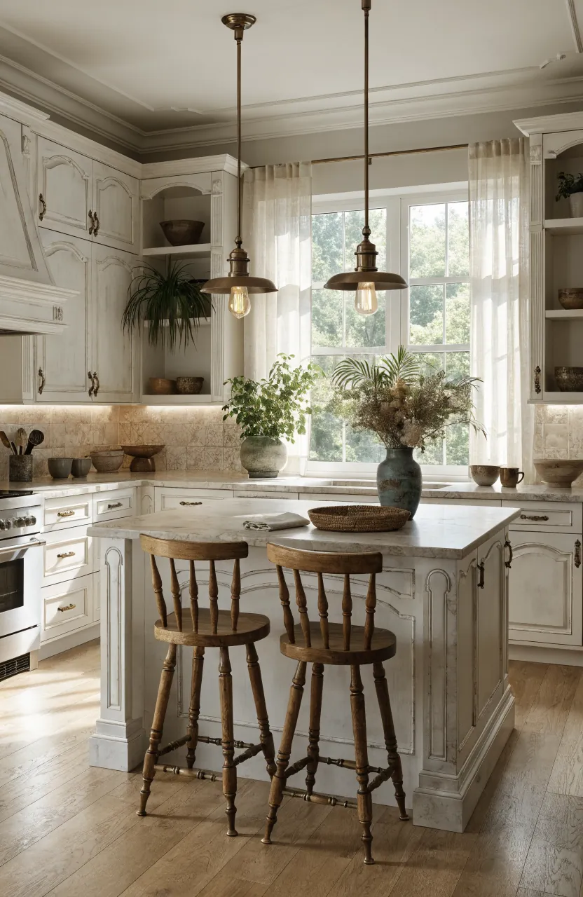 Warm white kitchen with wood accents, plants, brass details, and natural texture