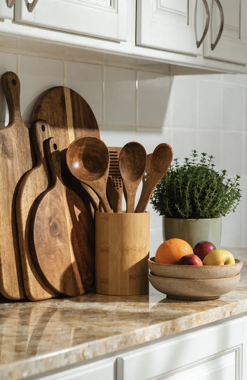 White kitchen countertop styled with warm wood cutting boards, ceramic bowls, and greenery
