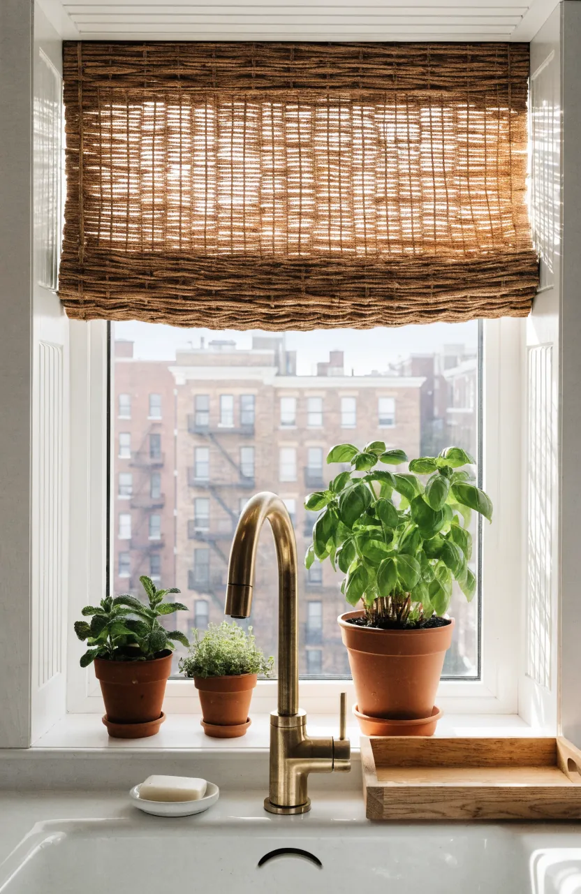 White kitchen sink window with a woven Roman shade, plants, and warm natural texture
