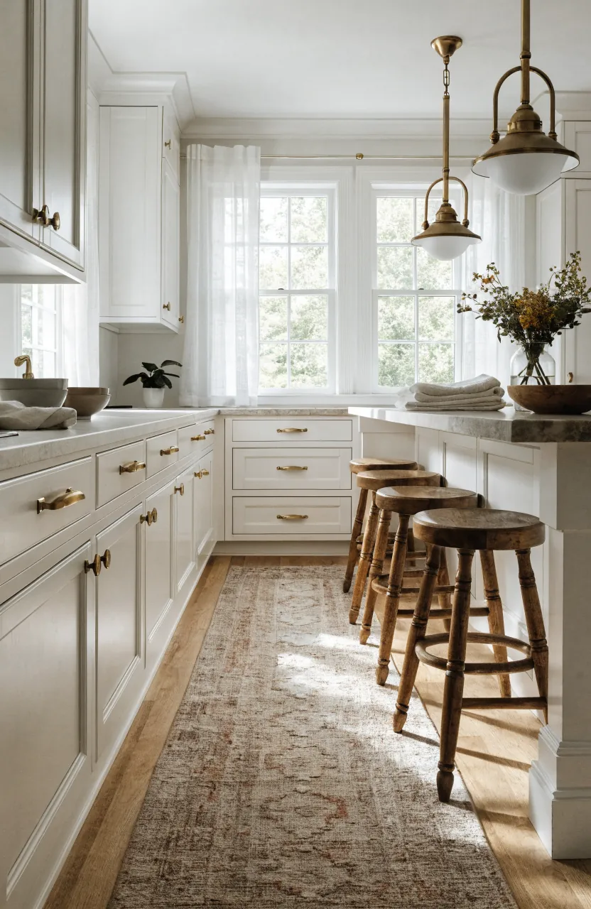 White kitchen with a warm textured runner rug grounding the floor and island area