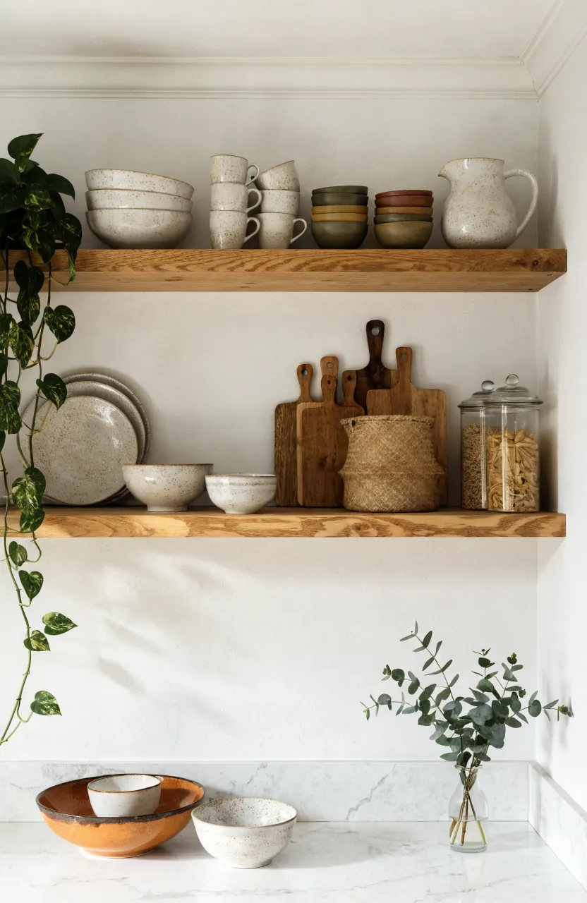 Open kitchen shelving styled with warm ceramics, wood boards, woven baskets, and plants
