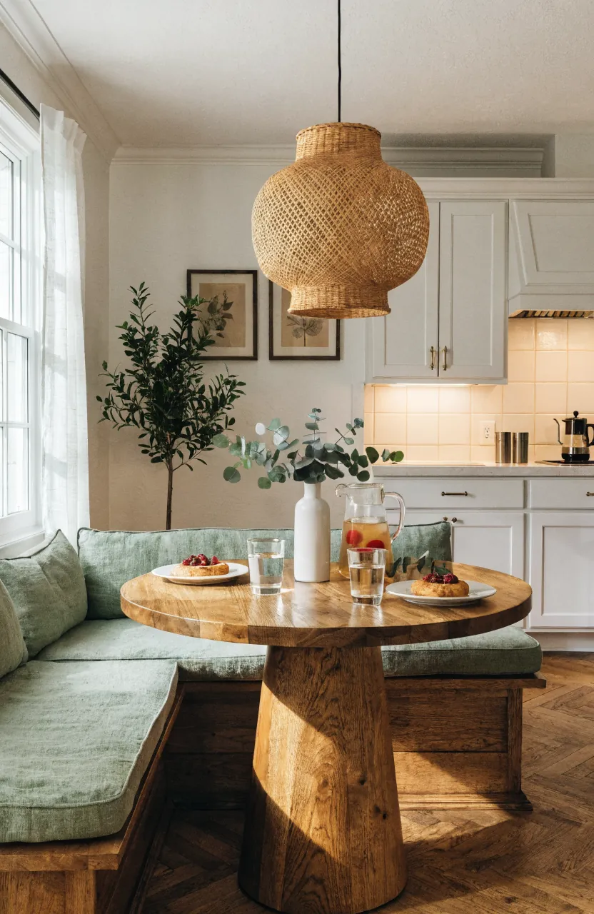 Warm white kitchen dining nook with sage cushions, wood table, plants, and soft contrast