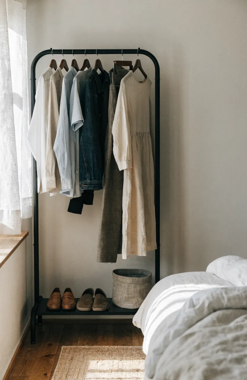 Edited garment rack in a no closet bedroom with matching hangers and shoe storage