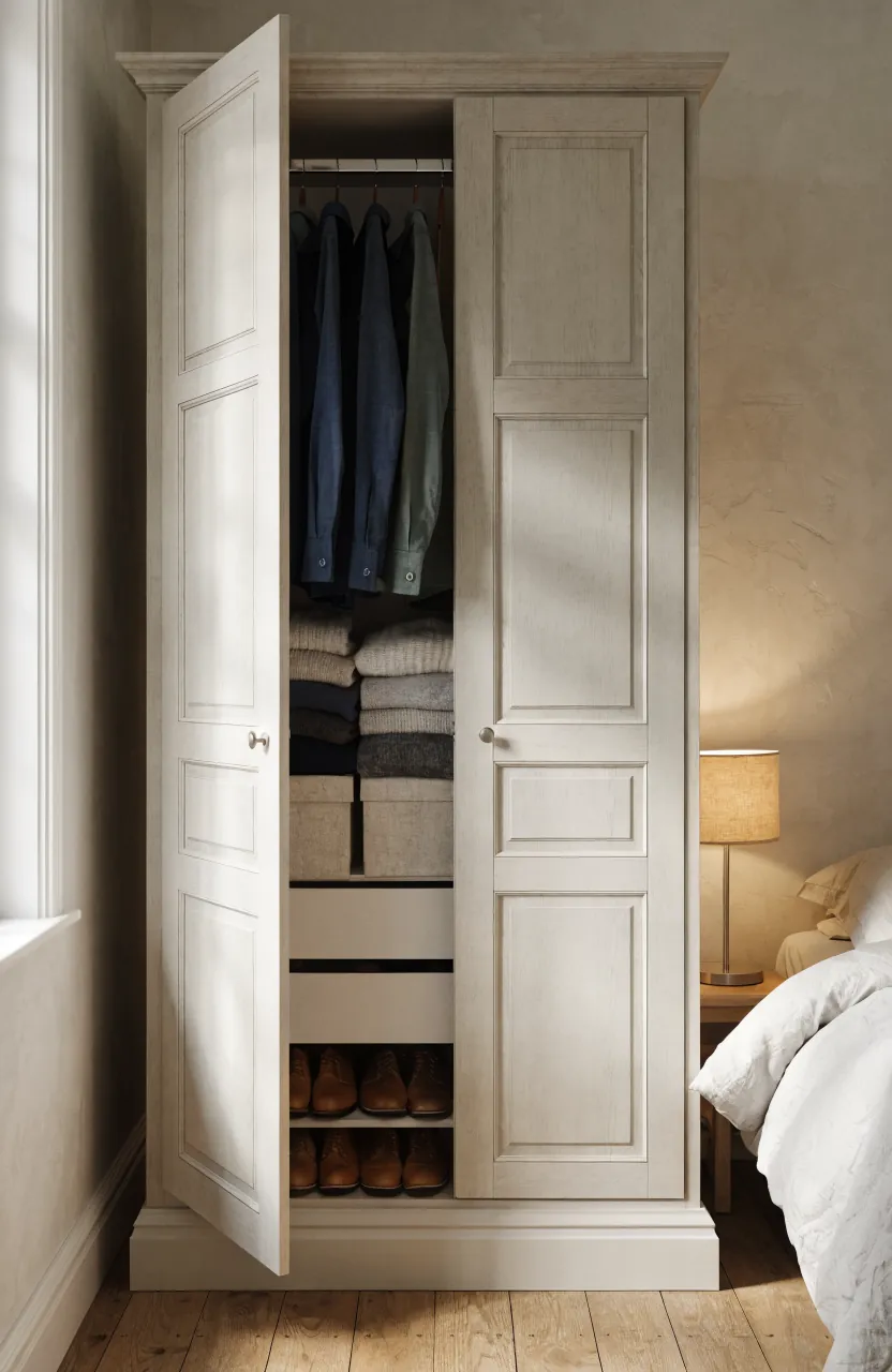 Freestanding wardrobe for clothes storage in a small bedroom without a closet