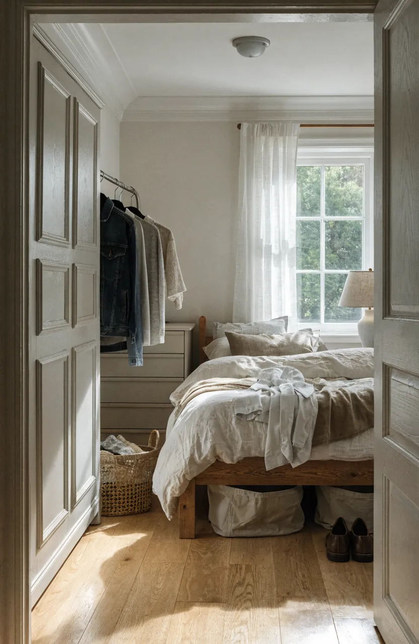 No closet bedroom with wardrobe garment rack dresser and under bed storage