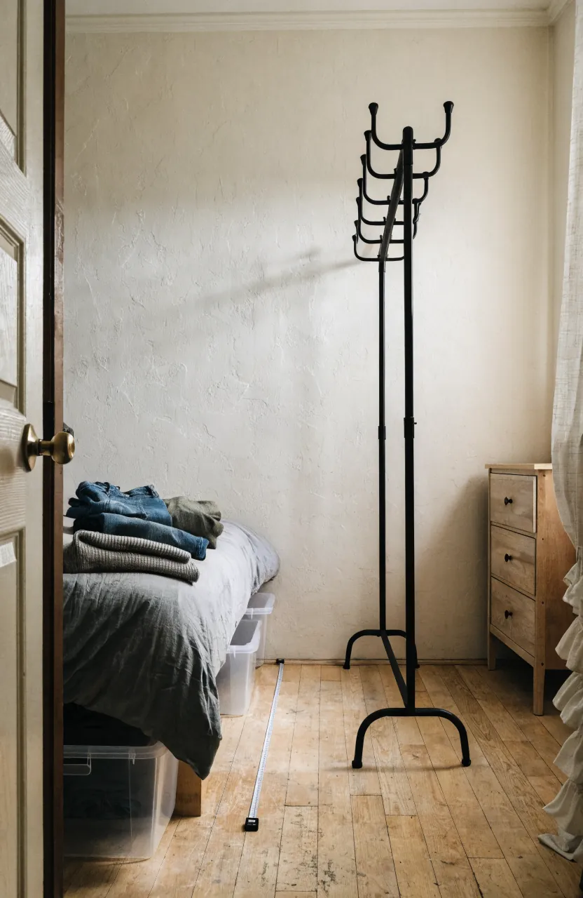 No closet bedroom storage plan with garment rack dresser and under bed bins