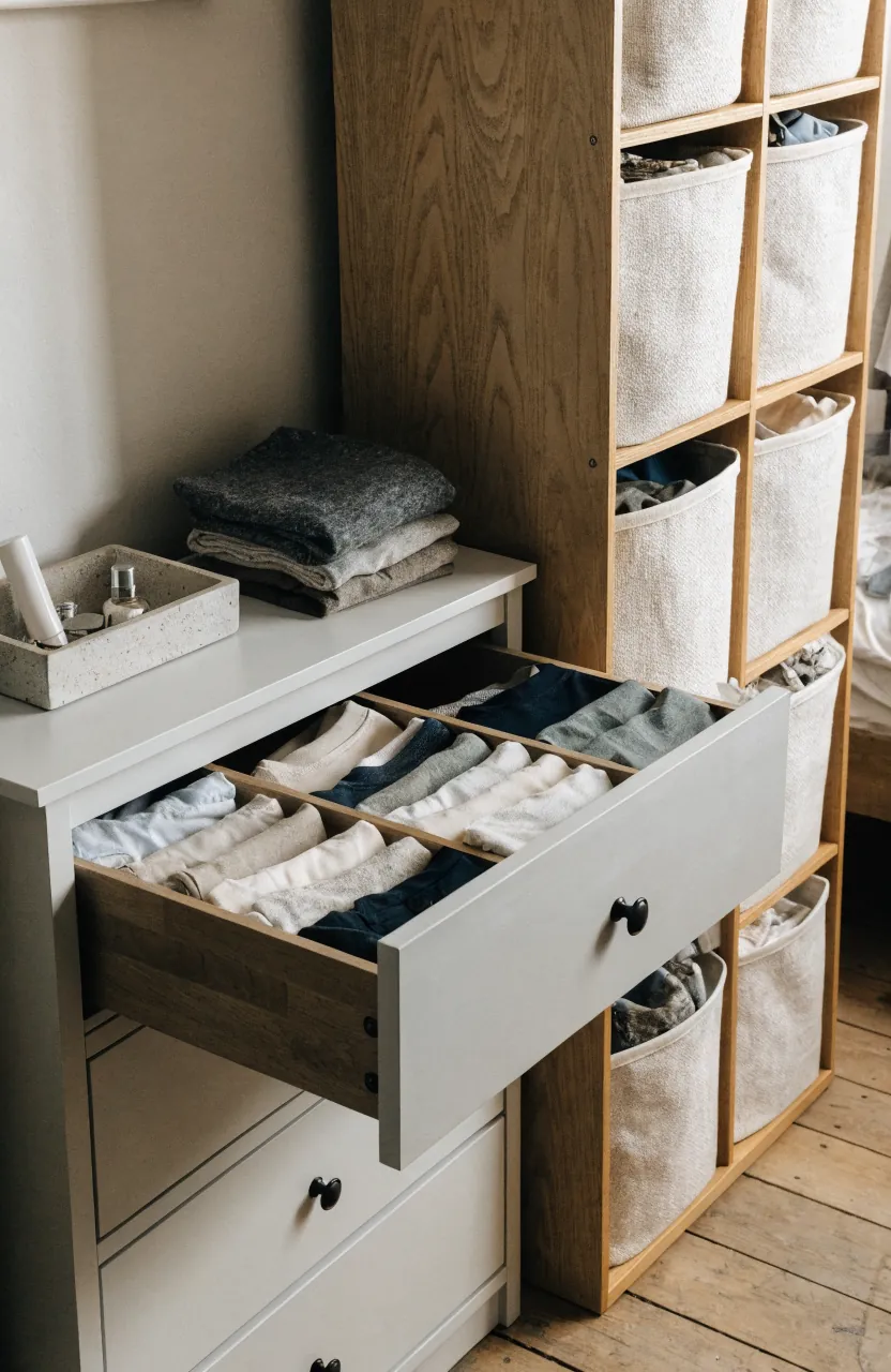 Small bedroom dresser and opaque bins used for folded clothes storage
