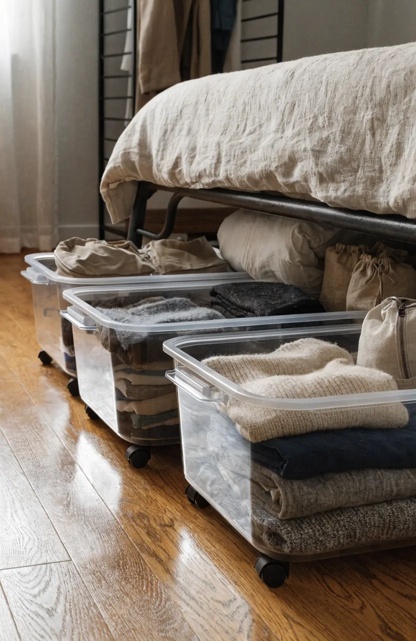 Under bed bins for clothes storage in a small bedroom with no closet