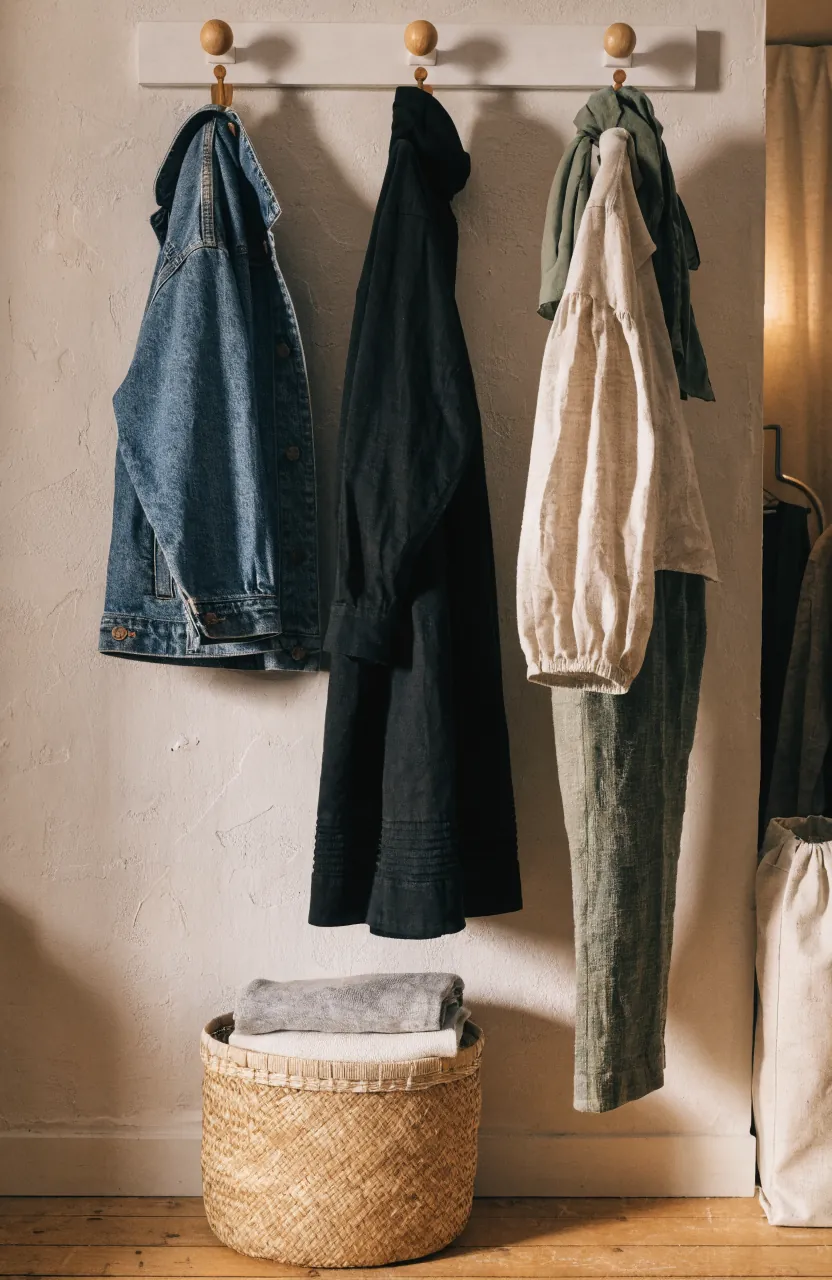 Wall hooks and reset basket for clothes in a bedroom without a closet