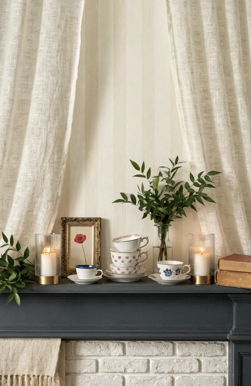 Teacups styled on a mantel with candles in separate holders