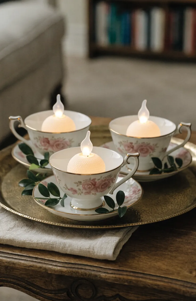 Flameless tealights glowing inside vintage teacups on a tray