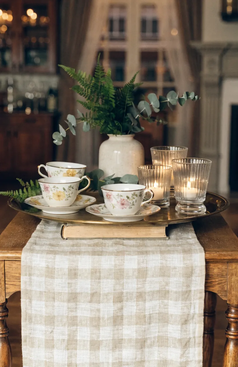 Cozy teacup candle display with vintage cups, glass votives, and warm shelf styling
