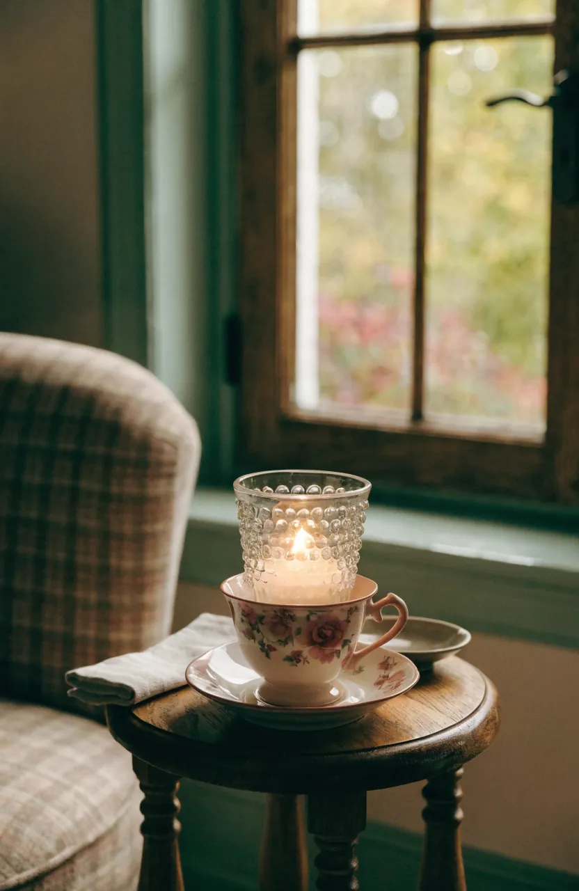 Glass votive insert placed inside a vintage teacup for safer candle styling