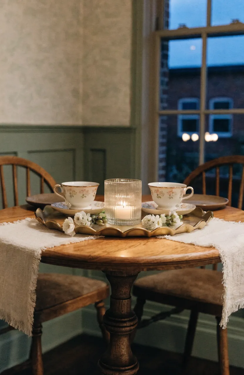 Teacup candle display grouped on a dining table tray for cozy table decor