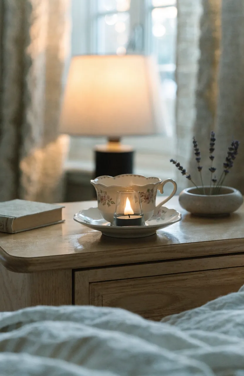 Bedside teacup candle display with a flameless light and soft cozy decor