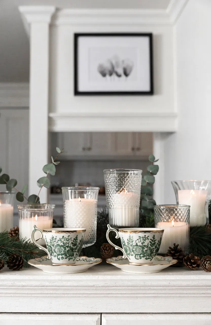 Seasonal teacup candle shelf display with greenery and safe candle holders