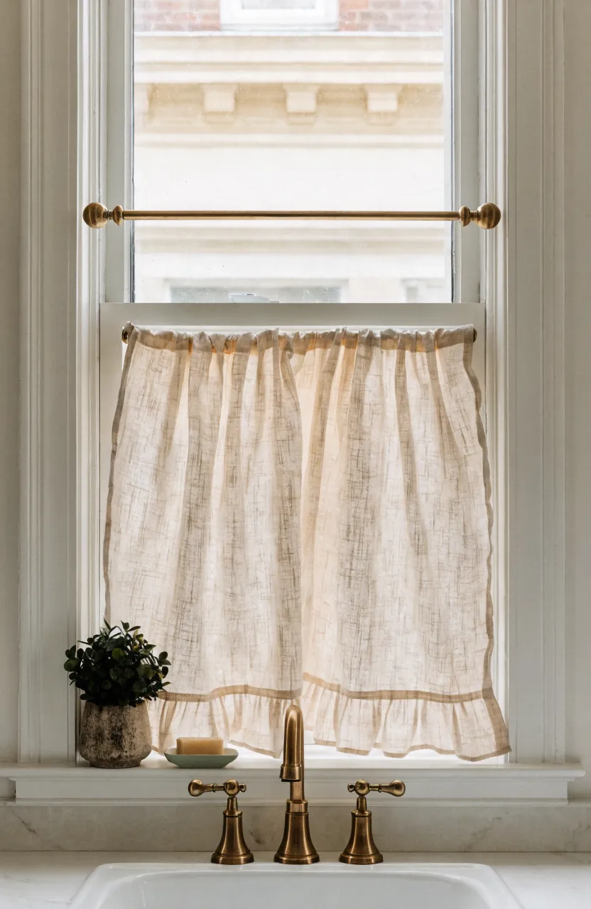 Kitchen sink window with a light cafe curtain that adds privacy without blocking daylight