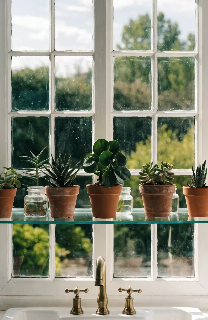 Kitchen window with a clear glass shelf holding small plants while preserving natural light