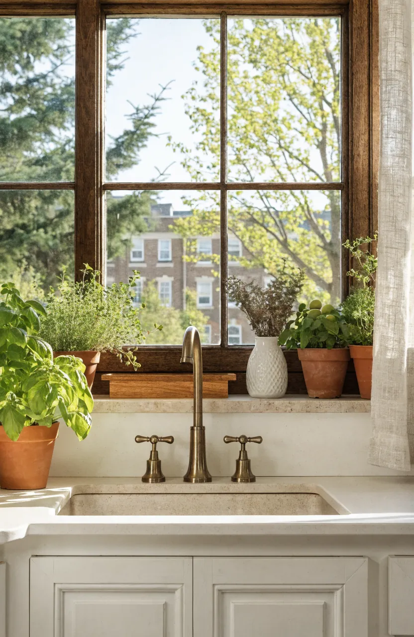 Light-filled kitchen sink window styled with low plants, a brass faucet, and natural decor