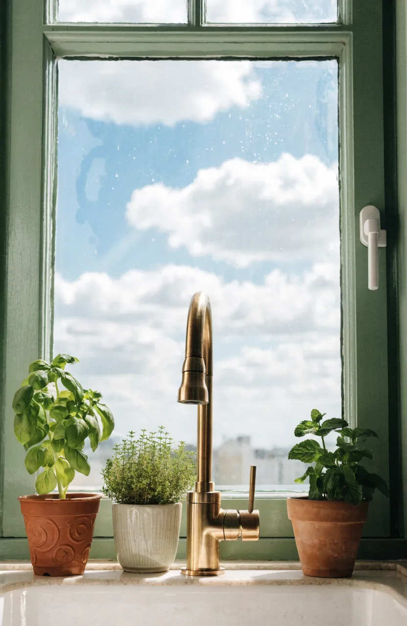 Kitchen sink window styled with low herb plants that keep the glass open for light