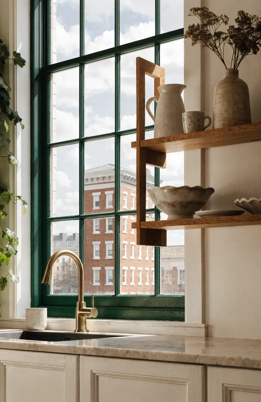 Kitchen window framed by open shelving and plants placed beside the glass to preserve light
